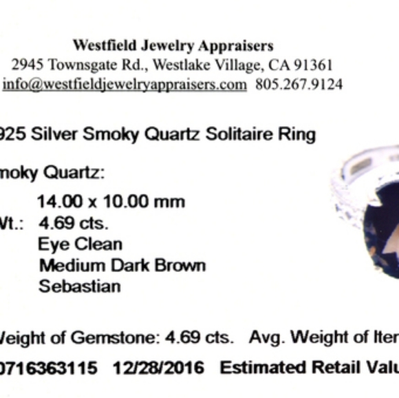 Fine Jewelry Designer Sebastian, 4.69CT Oval Cut Smoky Quartz And Sterling Silve - Picture 2 of 5